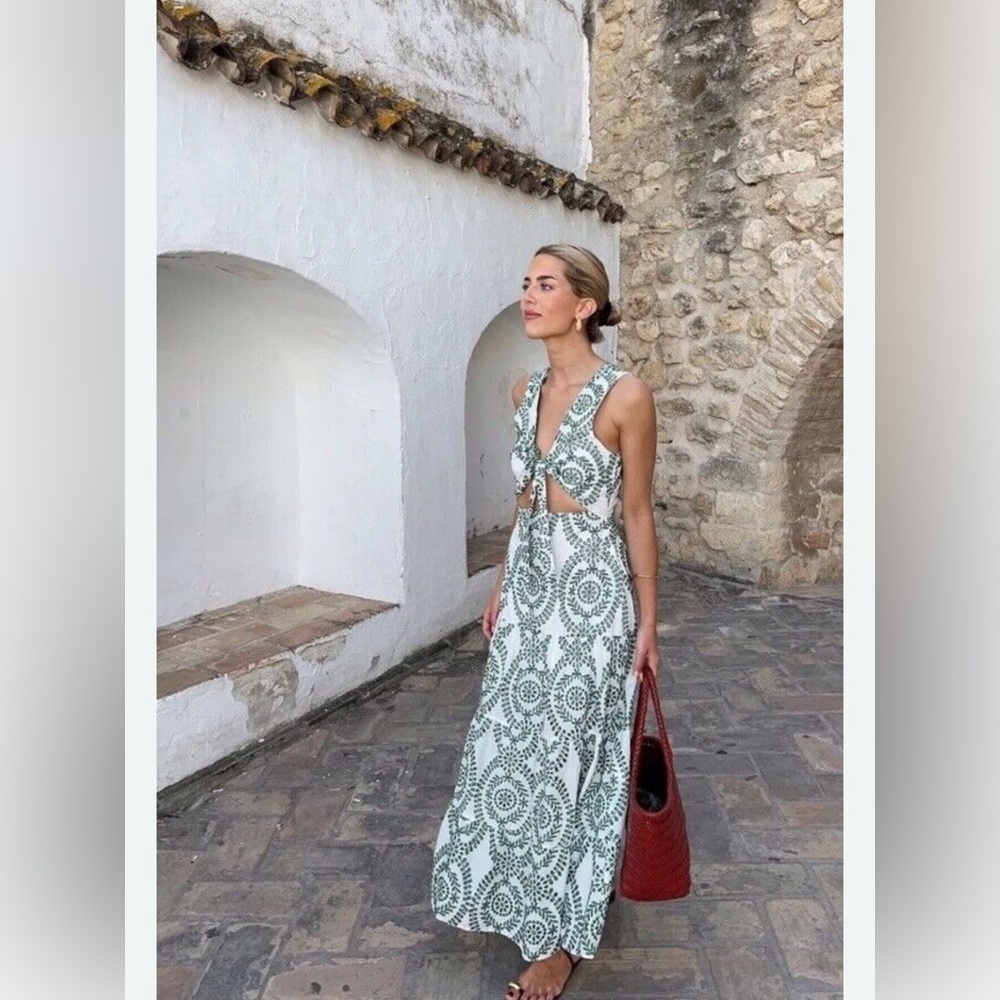ZARA WOMAN NWT CUTWORK EMBROIDERY MIDI DRESS WITH TIED KNOT WHITE GREEN 3356/697